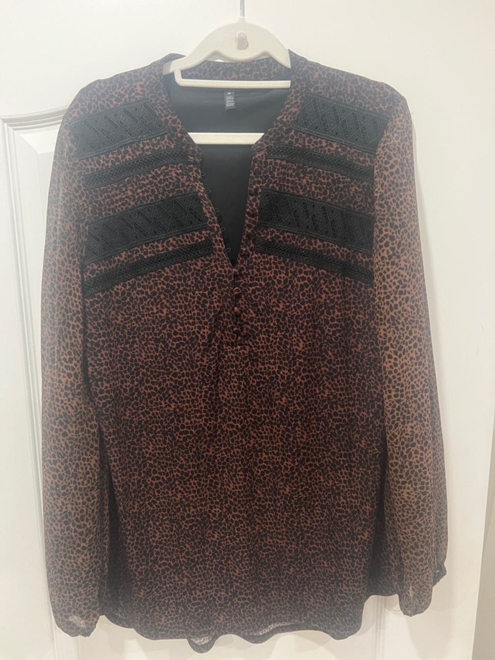 Brown Leopard Print V-Neck Long Sleeve Top with Black Lace Insets